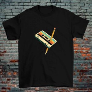 Cassette Tape & Pencil T-Shirt – Retro Rewind Classic (Black & White, 100% Cotton)