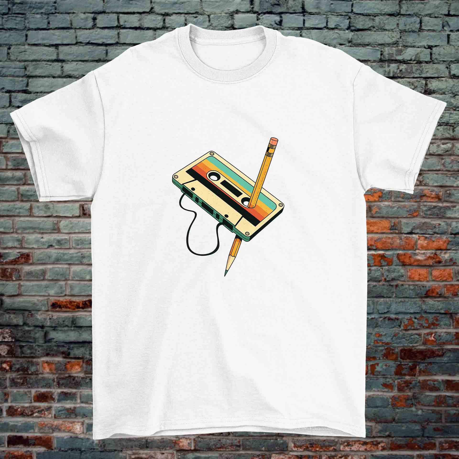 Cassette Tape & Pencil T-Shirt – Retro Rewind Classic (Black & White, 100% Cotton) - Image 2