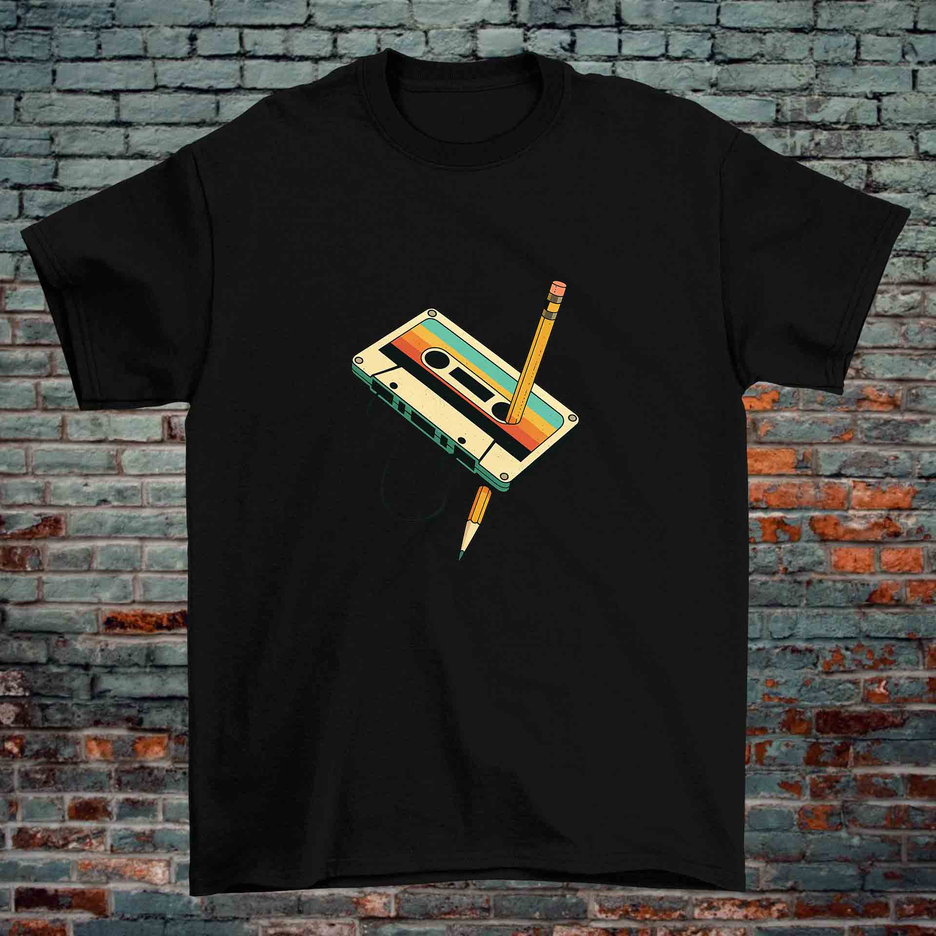 Cassette Tape & Pencil T-Shirt – Retro Rewind Classic (Black & White, 100% Cotton)