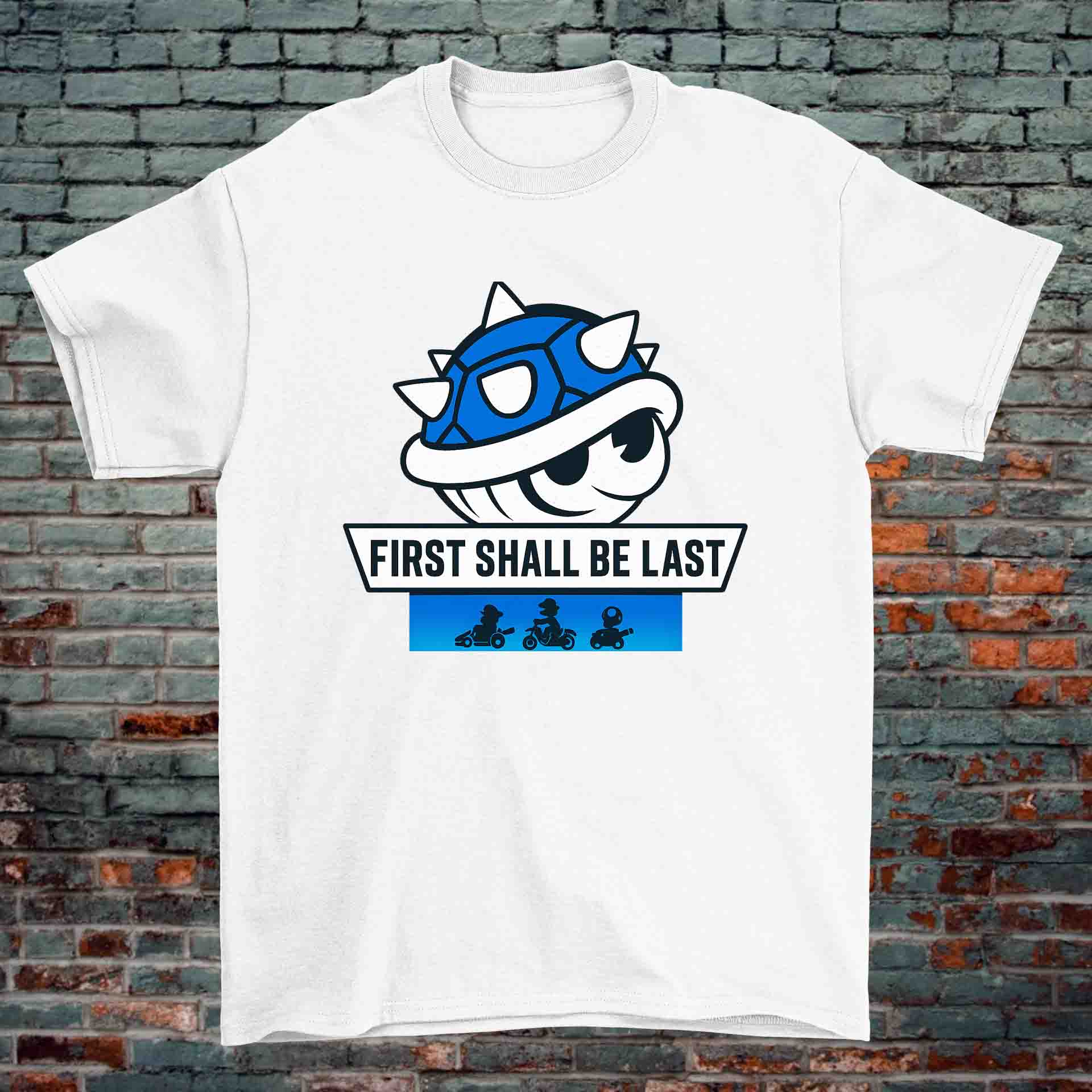 Blue Shell Parody T-Shirt – “First Shall Be Last” Mario Kart Tribute (Black & White, 100% Cotton) - Image 2