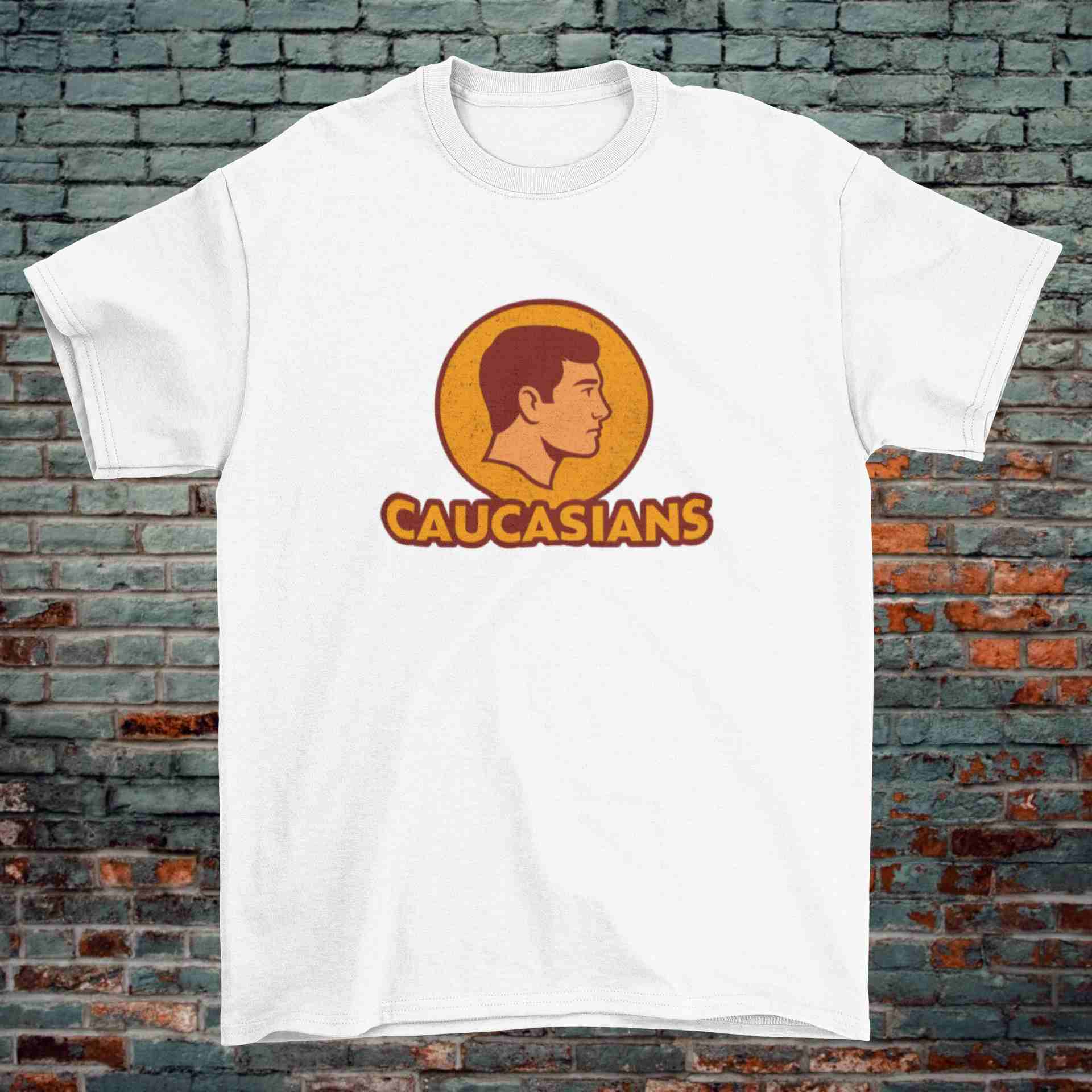 Caucasians Parody Logo T-Shirt – Retro Sports Style (Black & White, 100% Cotton) - Image 2