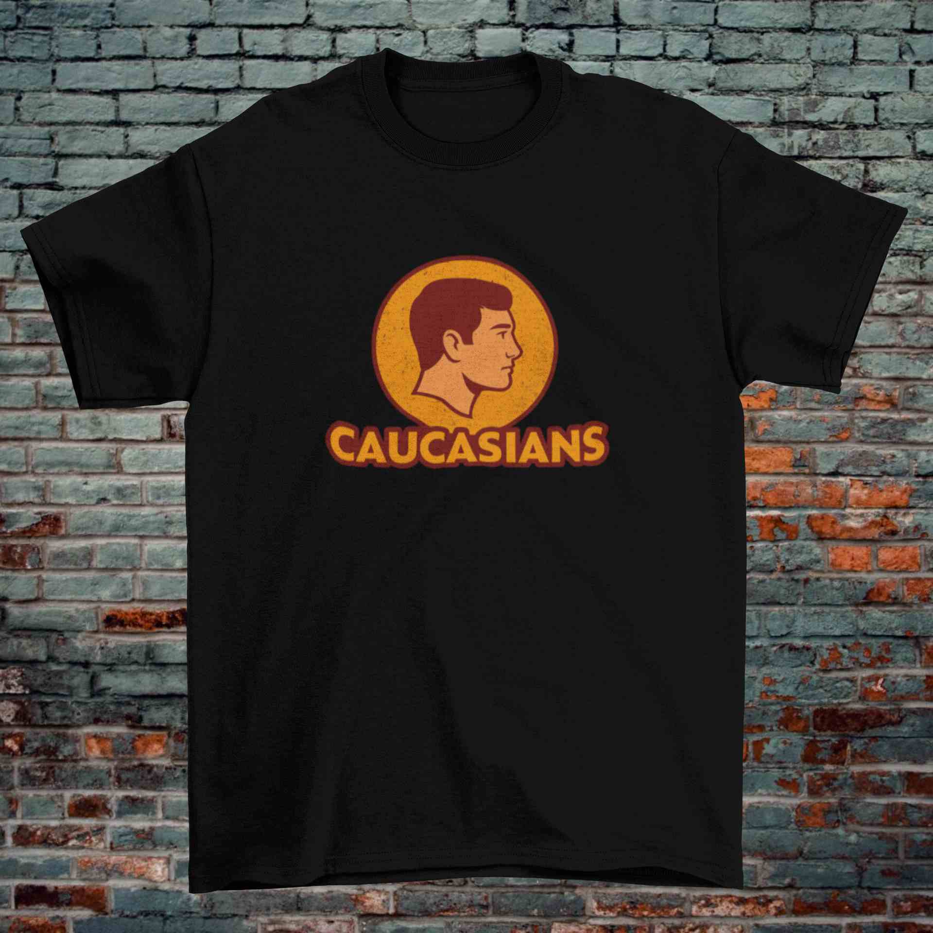 Caucasians Parody Logo T-Shirt – Retro Sports Style (Black & White, 100% Cotton)