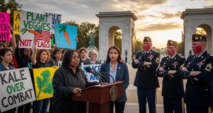 Protesters advocate for plant-based values and peace.