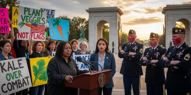 Protesters advocate for plant-based values and peace.